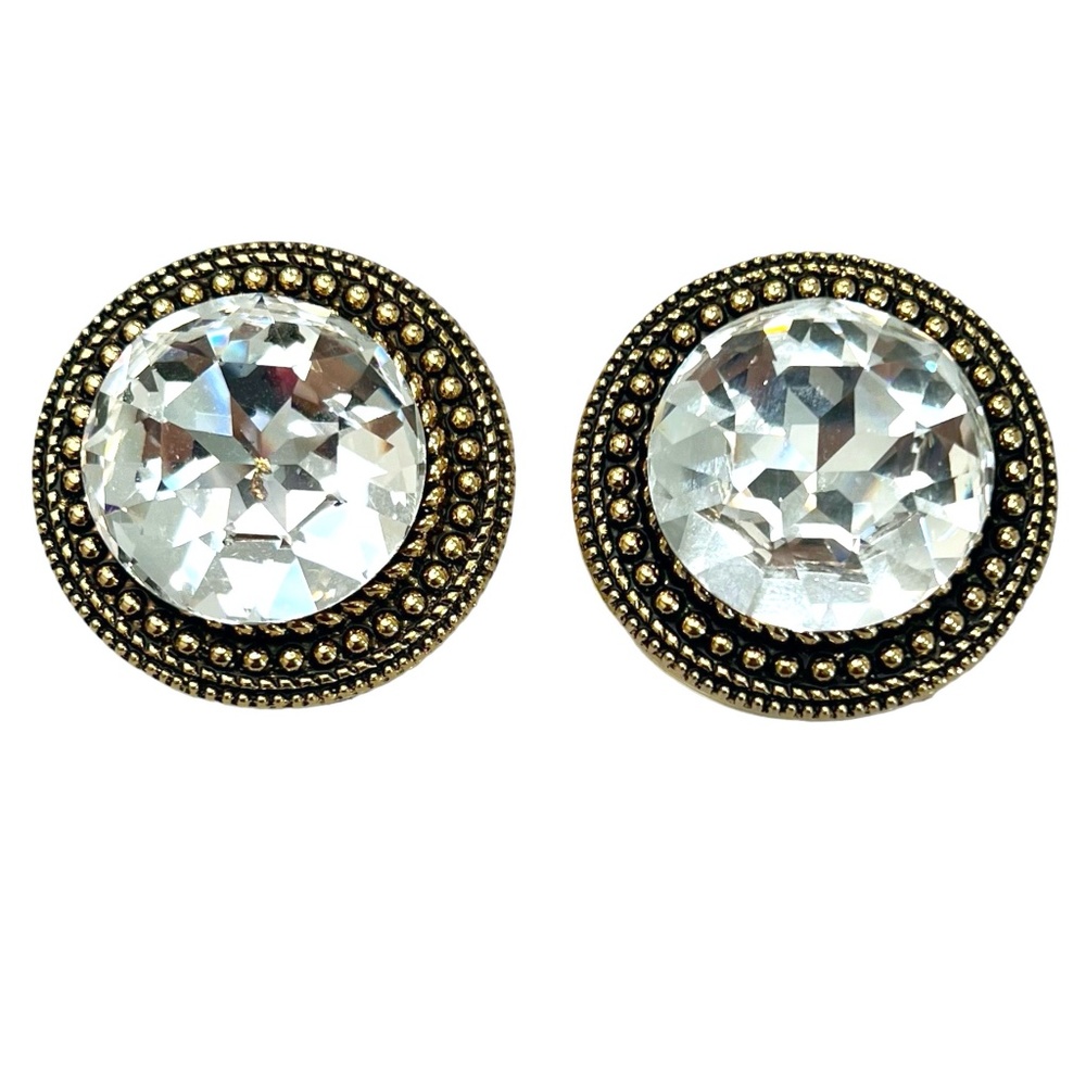 VINTAGE CLIP ON EARRINGS GOLD TONE WITH CLEAR FACETED DOME CENTER & BEAD DESIGN